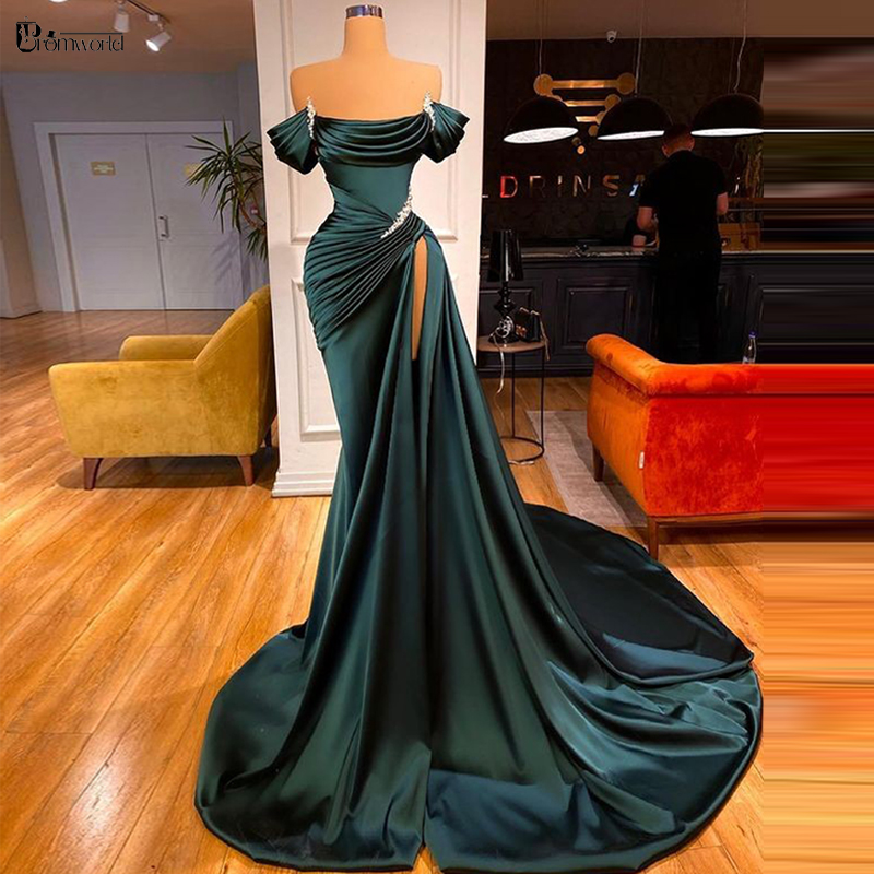 Abendkleider 2022 짙은 녹색 모로코 Kaftan 이슬람 이브닝 가운 플리츠 새틴 인어 두바이 공식 댄스 파티 드레스 긴 Vestidos